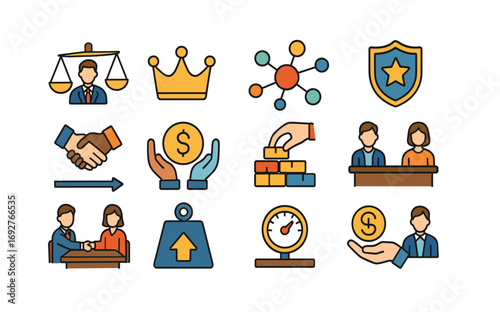 Business and finance flat icon set. economy, negotiation symbols collection