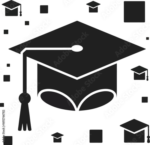 Vector art of graduation cap icon with scattered squares and smaller caps, symbolizing education and achievement