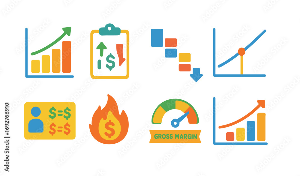 Naklejka premium Business and finance flat icon set. growth, economy, profit trends flat icons collection