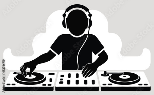 Vector art of silhouette of a dj with headphones playing music on turntables and mixer, minimalist graphic
