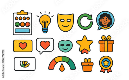 Feedback and user experience line icon set. satisfaction, emoji, survey outline collection