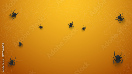 Spiders with web on yellow background. Scary black spiders on web. Vector illustration of spiders with web for Halloween.