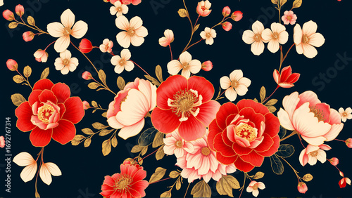 Vintage plant pattern in Japanese style. Image of roses on a dark background