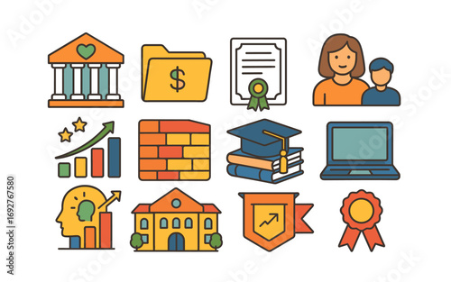 Education and finance flat icon set. school, banking, learning icons flat collection