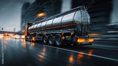 Medium shot of a large fuel tanker truck with reflective safety markings blurred background emphasizing secure fuel transport on highways.