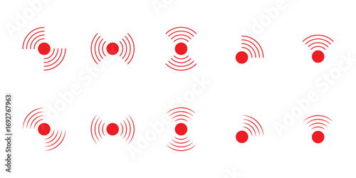 Sound wave vector icons. Circle radar or sonic sonar signals, pulses. Speaker with noise energy in air graphic. Round radio frequency. Abstract radial vibration symbol on white background. Loud scan.