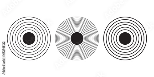 Sound wave vector icons. Circle radar or sonic sonar signals, pulses. Speaker with noise energy in air graphic. Round radio frequency. Abstract radial vibration symbol on white background. Loud scan.