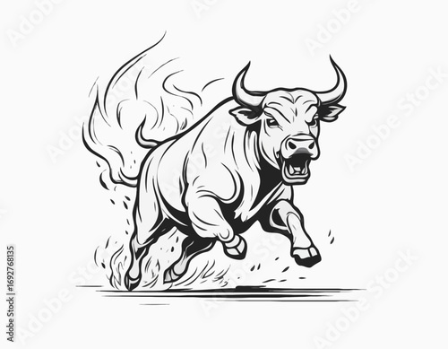 Angry bull running in fire hand drawn sketch Vector illustration.