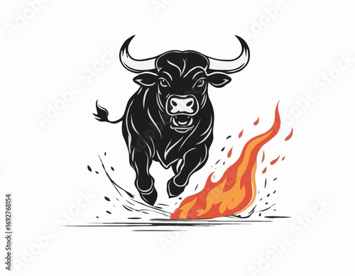 Angry bull running in fire hand drawn sketch Vector illustration.