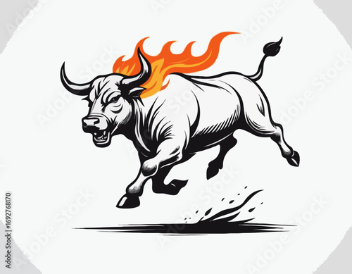 Angry bull running in fire hand drawn sketch Vector illustration.