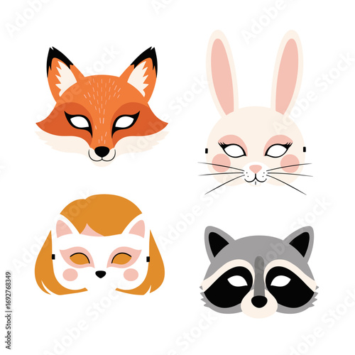 Collection of adorable animal face masks for children's parties or dress up fun featuring a fox bunny cat and raccoon