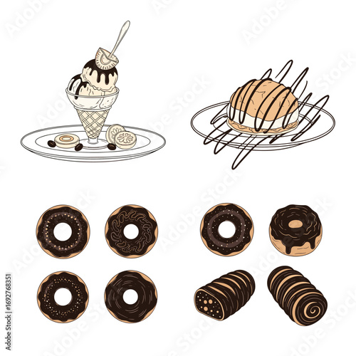 Delicious hand drawn ice cream cones and chocolate pastries collection