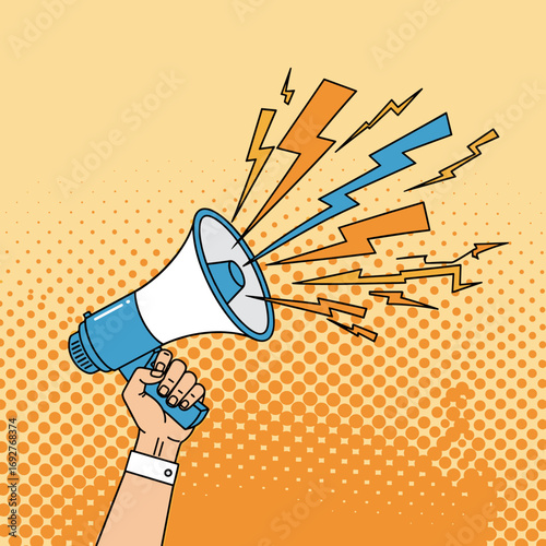 Hand holding a megaphone announcing with bright colorful energetic sound waves bursting outward against a retro pop art background