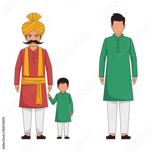 Traditional indian family attire featuring vibrant turban and kurta pajama styles