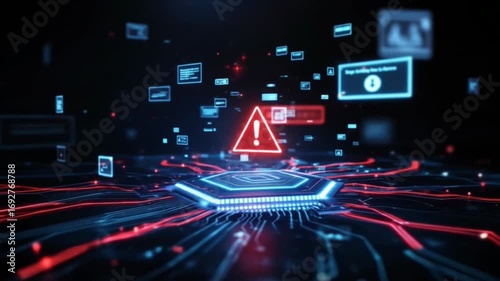 Cybersecurity Breach Alert: Digital Network Under Attack with Exclamation Mark