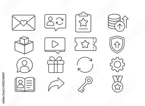 Business and communication icon set. essential tools in line art style