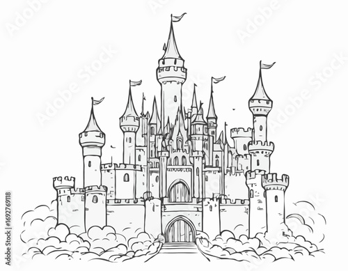Fairy tale castle hand drawn sketch llustration