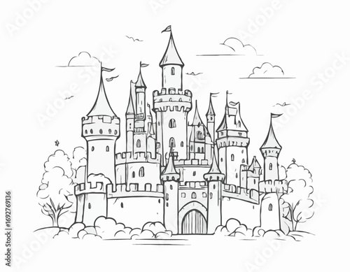 Fairy tale castle hand drawn sketch llustration
