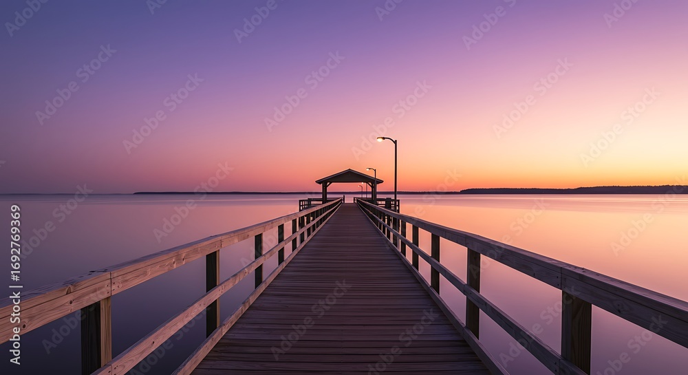 Fototapeta premium Wooden Pier at Sunset Over Calm Water.
