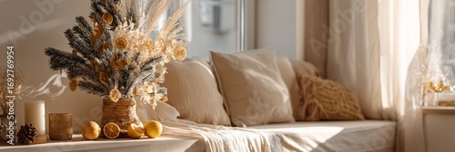 Cozy autumn home decor with dried flowers, pine branches, and golden accents creating a warm, inviting living room atmosphere with soft natural light filtering through curtains