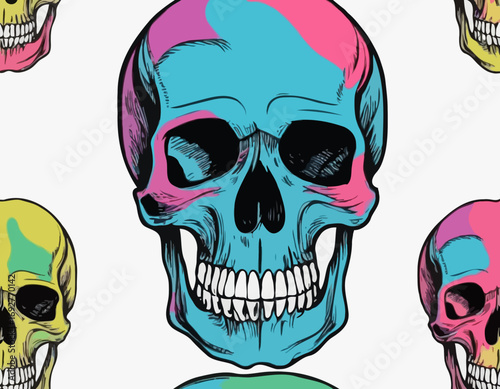 Human skull in colors sketch hand drawn in doodle style Vector illustration.