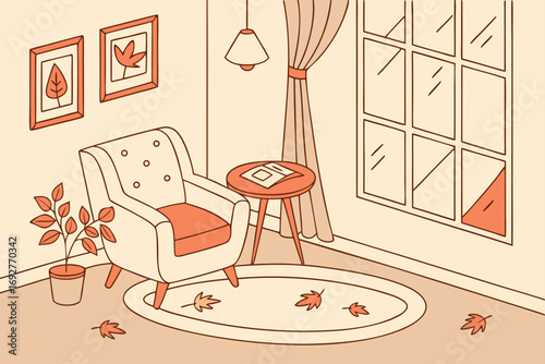 Cozy autumn interior scene with warm lighting and comfortable furniture