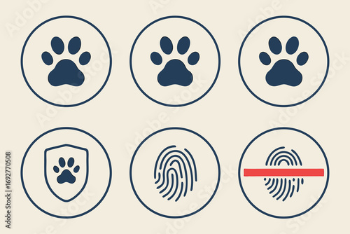 Six minimalist vector icons paw print and fingerprint security symbols paw print icon fingerprint icon