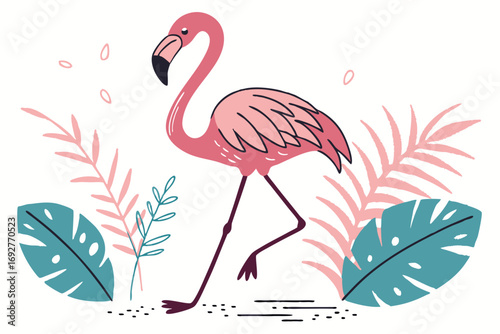 Flat design flamingo standing on one leg with simple colors
