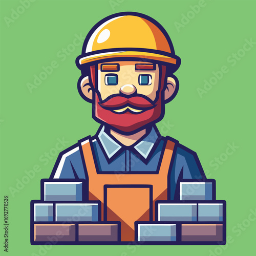 Cartoon male construction worker with a beard in work attire