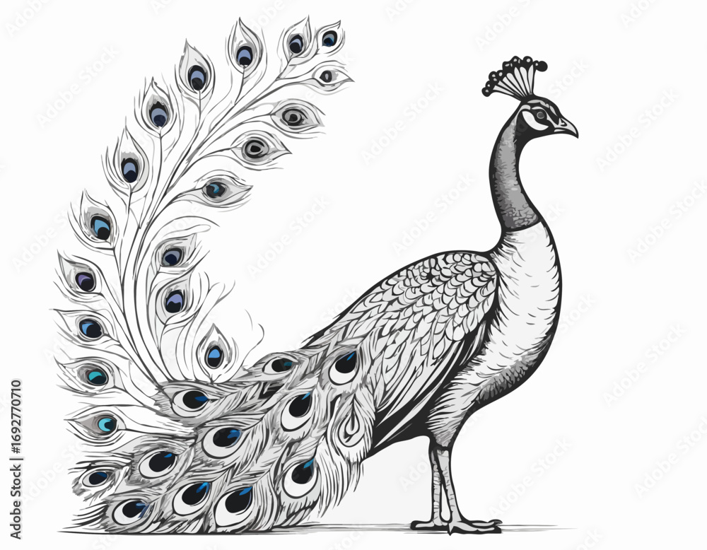 Fototapeta premium Peacock sketch, hand drawn in engraving style Vector illustration