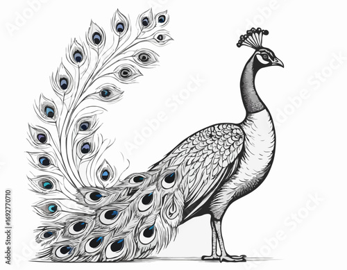 Peacock sketch, hand drawn in engraving style Vector illustration