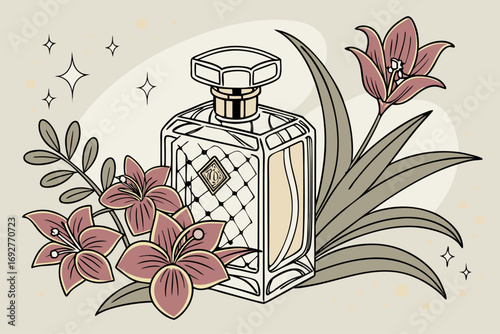 Luxurious perfume bottle adorned with vibrant exotic floral elements