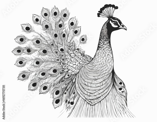 Peacock sketch, hand drawn in engraving style Vector illustration
