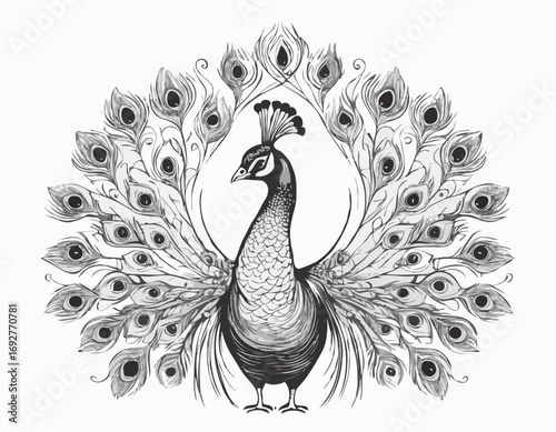 Peacock sketch, hand drawn in engraving style Vector illustration