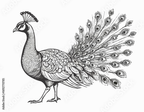 Peacock sketch, hand drawn in engraving style Vector illustration