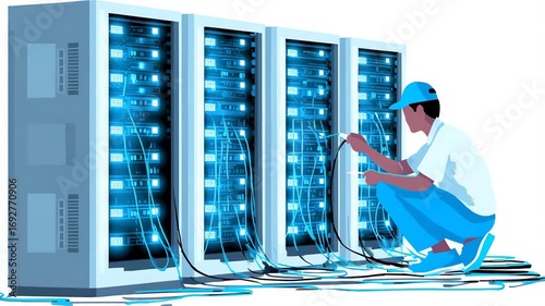 Technician Maintaining Server Racks with Glowing Blue Lights