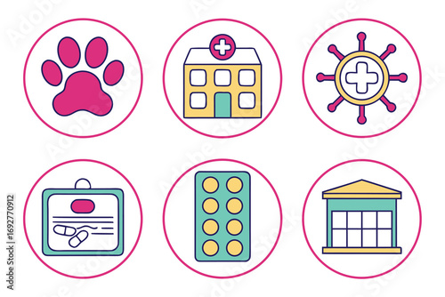 Six colorful flat icons representing veterinary medicine and healthcare collection