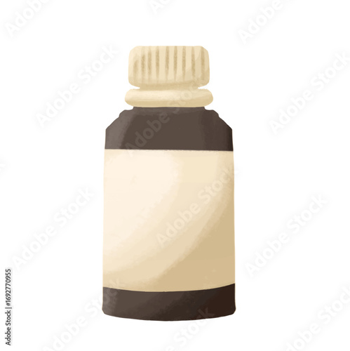 Hand-drawn watercolor illustration of a small brown medicine bottle with a blank label for copy space, isolated on a white background