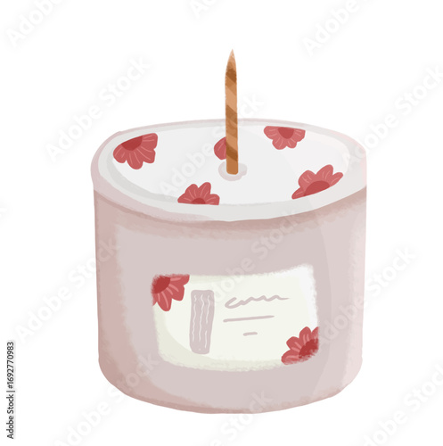 Hand-drawn illustration of a pink candle with floral accents and a wooden wick, perfect for decorative and lifestyle themes