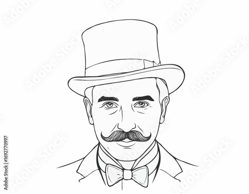 Portrait of an English gentleman with a mustache in a suit and top hat hand drawn sketch Illustration.
