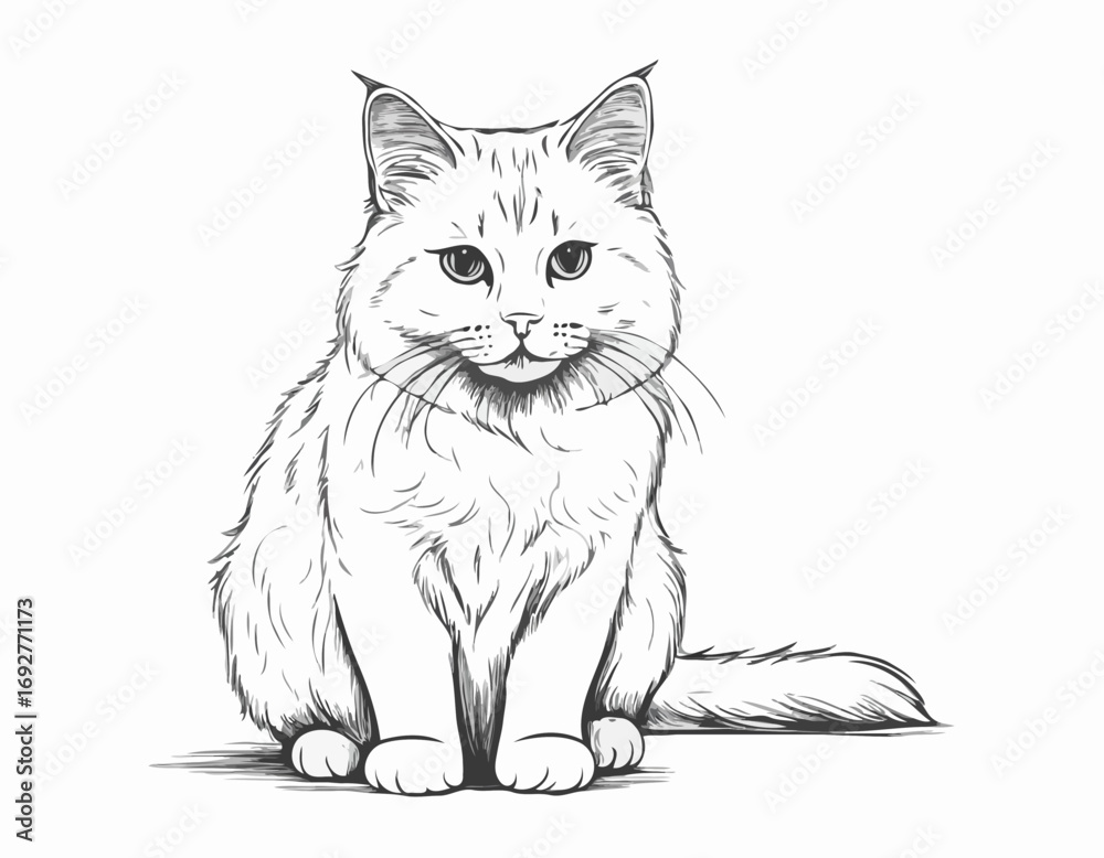 Obraz premium Fluffy cat sitting hand drawn sketch Pets Vector illustration