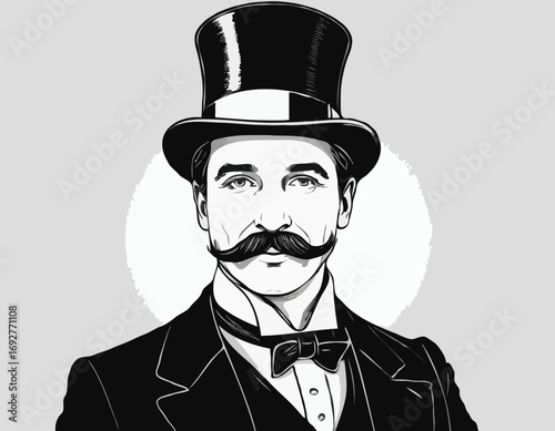 Portrait of an English gentleman with a mustache in a suit and top hat hand drawn sketch Illustration.
