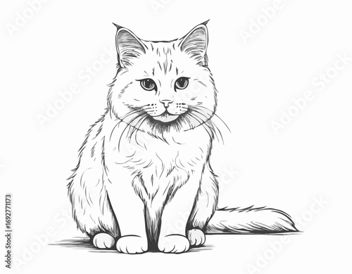 Fluffy cat sitting hand drawn sketch Pets Vector illustration