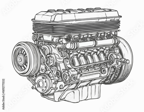 Car engine sketch hand drawn engraved style Engineering Vector illustration