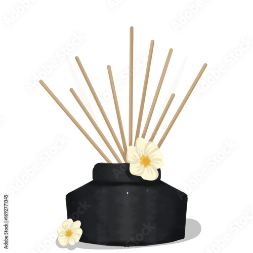 Stylish black aroma diffuser with natural reeds and flowers, creating a serene, soothing fragrance for a relaxing home ambiance