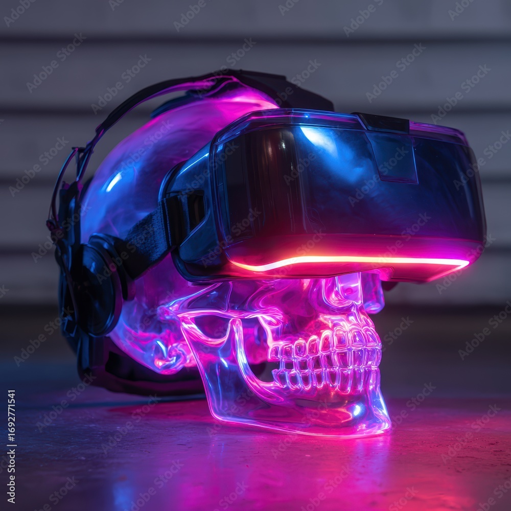 Fototapeta premium Neon Glowing VR Headset Projected on a Transparent Skull Hologram in a Futuristic Setting, Evoking a Cyberpunk Aesthetic in Striking Colors