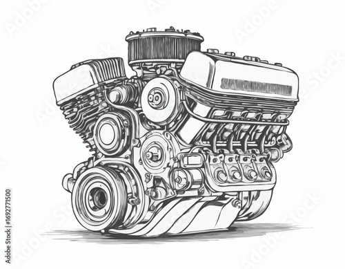 Car engine sketch hand drawn engraved style Engineering Vector illustration