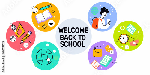 Welcome back to school with colorful illustrations of school supplies and students