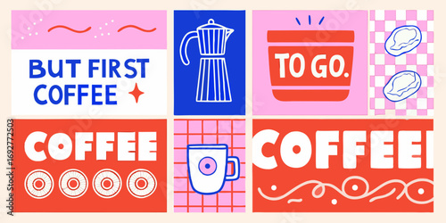 Vibrant collage of coffee themed illustrations and text in a playful retro style