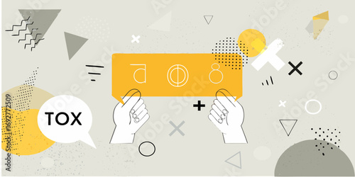 Hands holding a yellow rectangle with abstract symbols and the word tox in a speech bubble